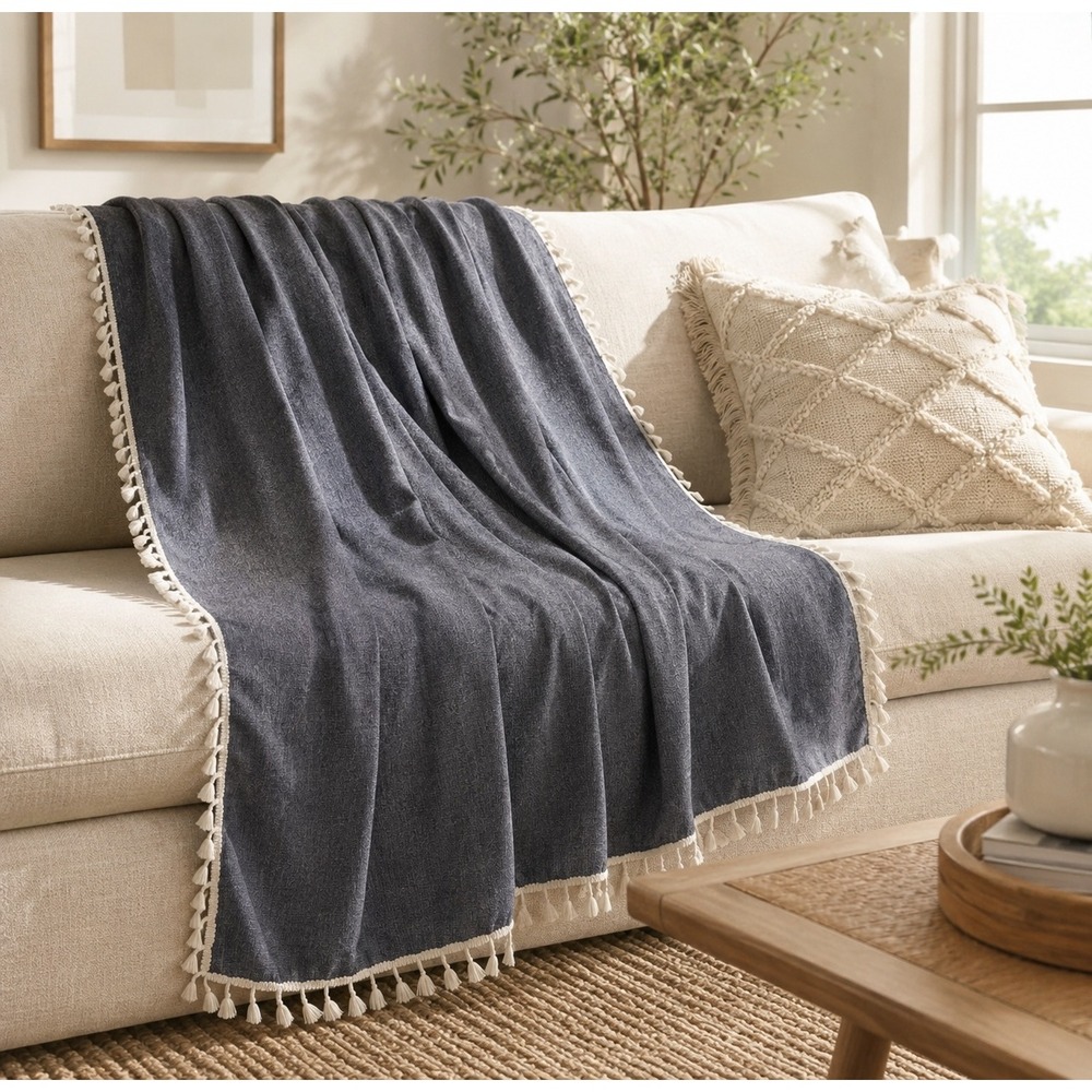 Coastal Blue Tassel Fringe Throw Blanket Boho Minimalist Beach Towel 77x51